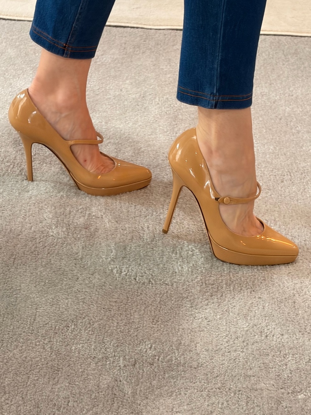 Yves Saint Laurent Patent Mary Jane Platform Pumps in Tan